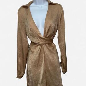 PrettyLittleThing Metallic Gold Long Sleeve Wrap Dress Size 6